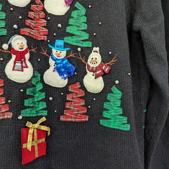 Vintage 90s Ugly Christmas Snowman Tree Ribbon Holiday Sweater - Picture 12 of 13